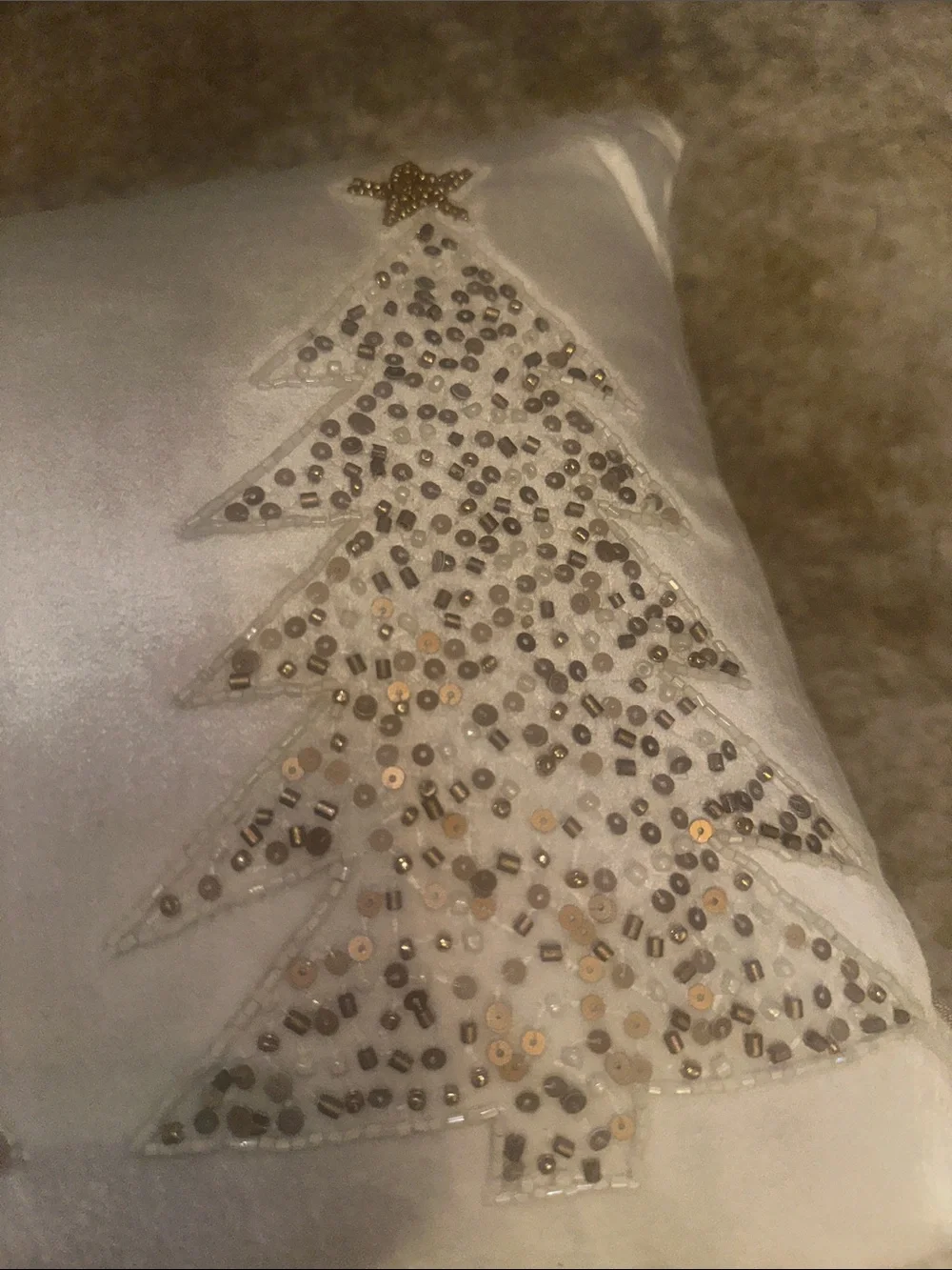 Christmas Holiday Sequin Tree Decorative Pillow - Cream and Gold